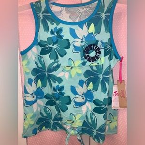 Girls size L 12-14 tank top. Blue/green floral big flowers front pocket sparkle